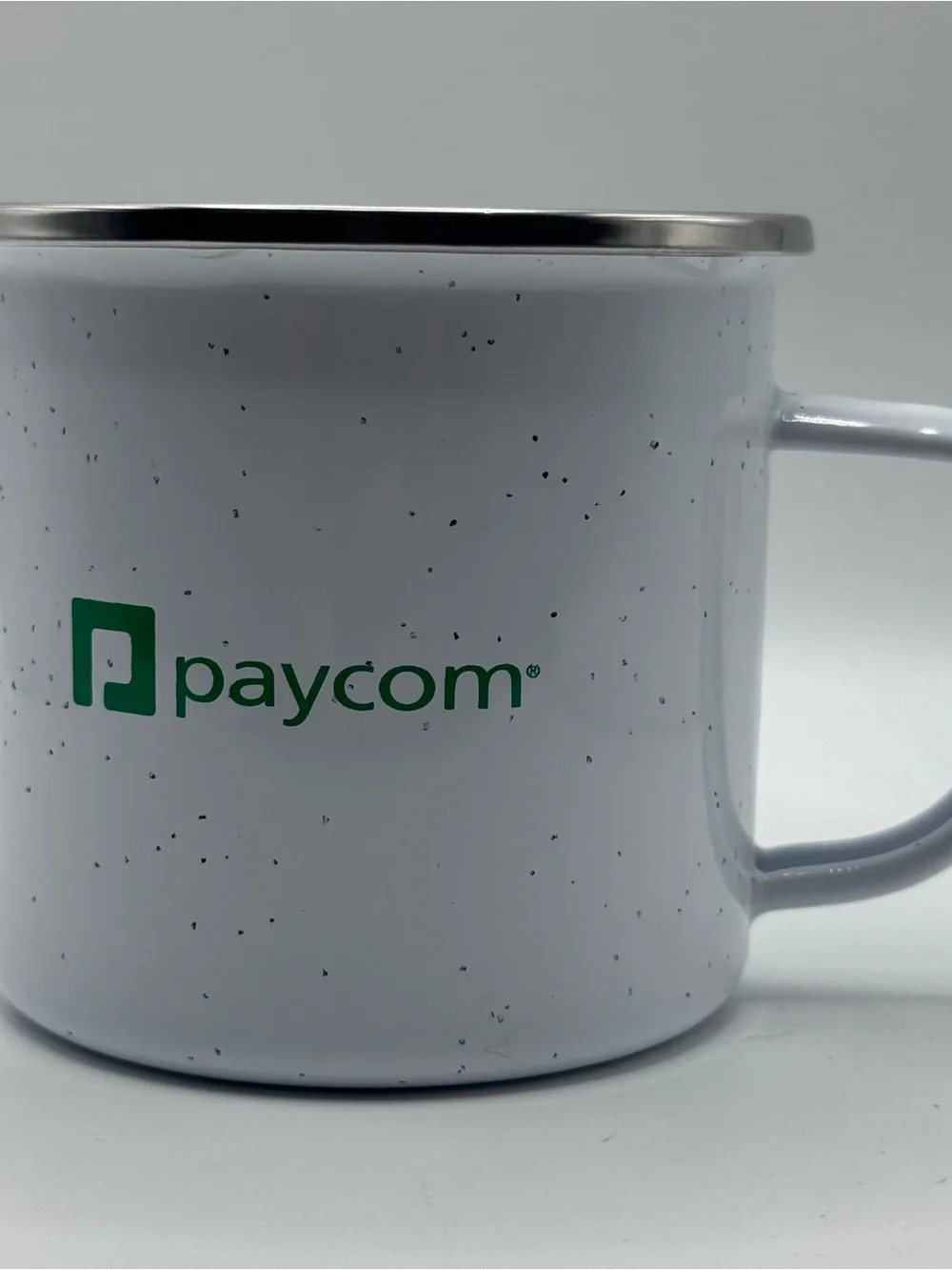 Set Of 2 Speckled Ceramic Campfire Mugs w/‘PAYCOM’ Logo